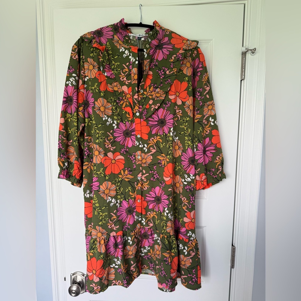 Floral Midi Dress in Olive and Fuchsia